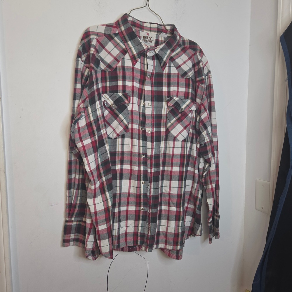 Ely Cattleman Mens 3XL Western Pearl Snap Shirt Plaid Red White Black Long